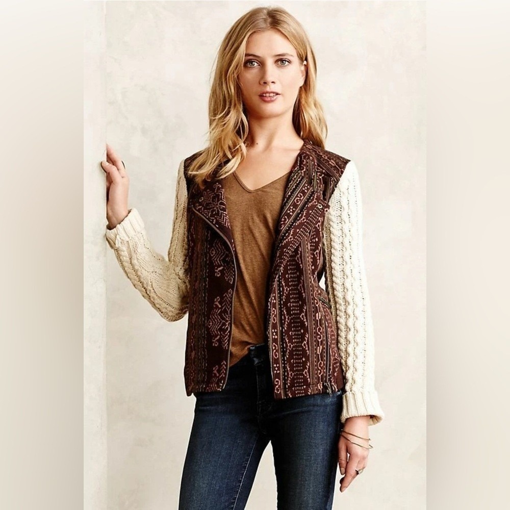 Lilka Hazan Anthropologie Moto Jacket Cable Knit Sleeve Womens Size S Burgundy